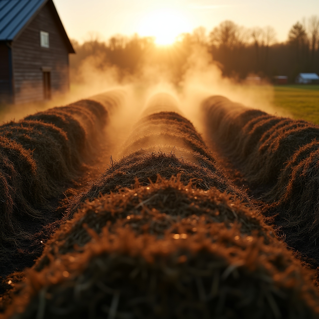 Řady kompostových hromad na demonstrační farmě za ranního světla