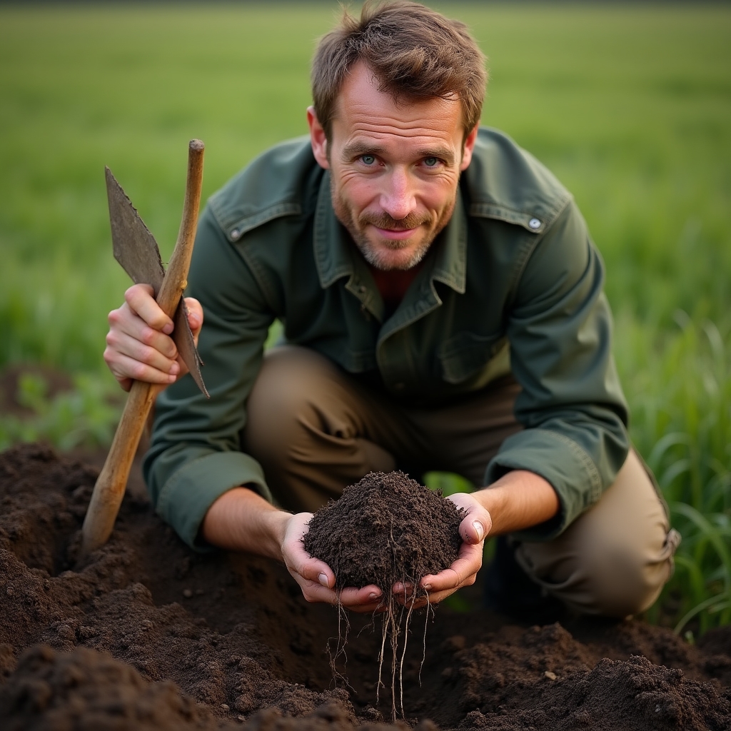 Farmer provádí lopatkový test zdraví půdy na demonstrační farmě